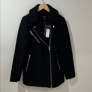 NWT Vero Moda Women’s Pea Coat Black Wool Blend Jacket Moto Mid Length Silver